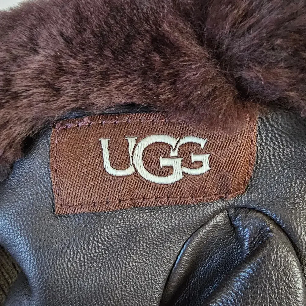 UGG Women's Brown Leather Shorty Tech Tip Real Fur Cuff Gloves Size L/G